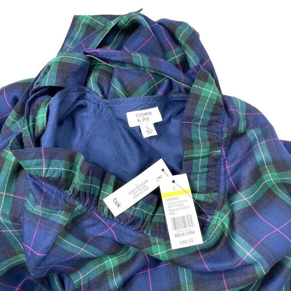 NEW Crown & Ivy Bow Back plaid Ruffle Dress Sz L green navy‎ blue - Picture 7 of 8